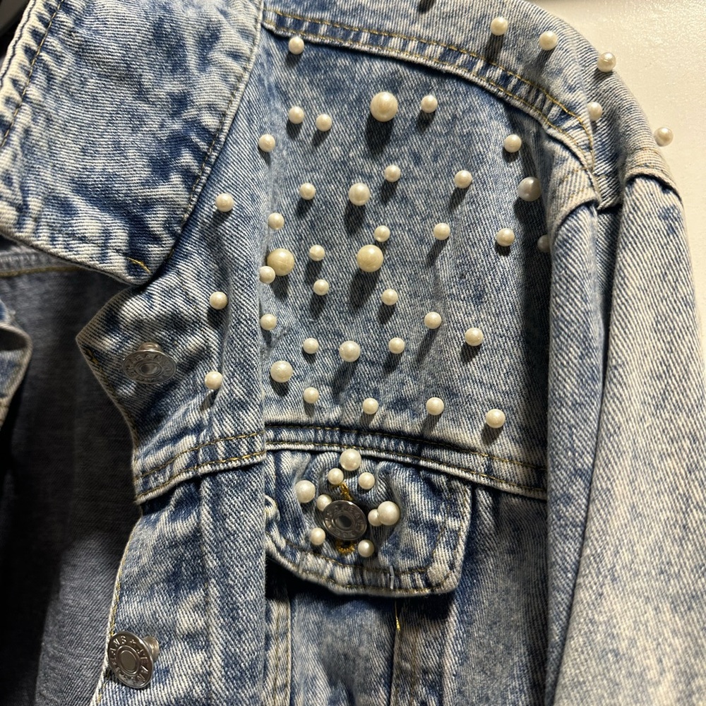 Women's XL Embroidered Pearl Denim Jean Jacket Coat - Picture 6 of 16